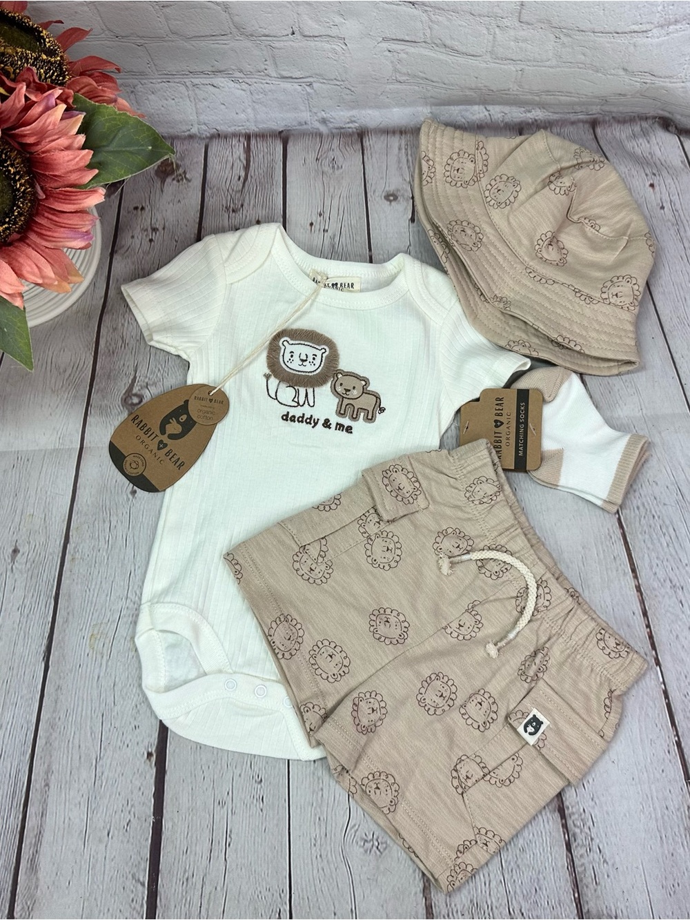 rabbit + bear organic cotton Lion 4pc Set infant 3-6M neutral safari daddy & me